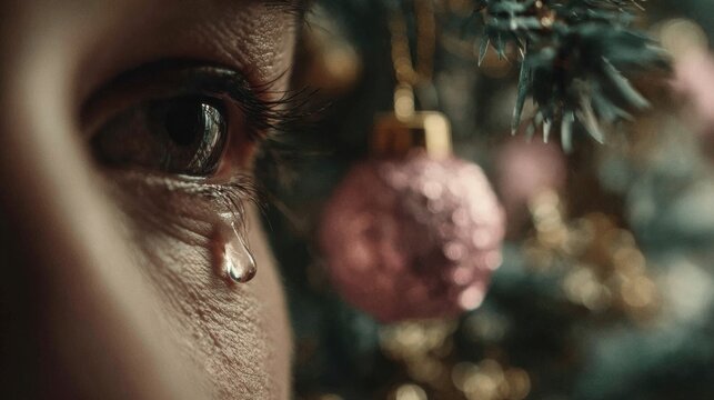 Close-Up of Tear Rolling Down Eye with Christmas Decorations