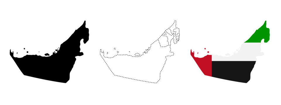 United Arab Emirates map. Country silhouette with solid, dashed and colored UAE flag map vector illustration. National shape and border sign. Arabian Gulf location symbol. Middle East pictogram.