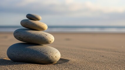 Stacked smooth stones on tranquil beach with ocean view at sunset