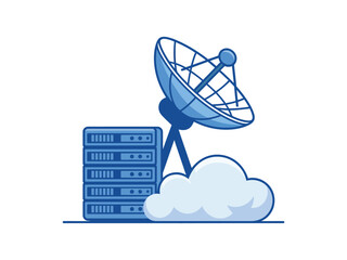A satellite dish receives data from the cloud, connecting to a server rack.