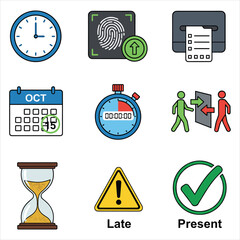 Time management, attendance, security and deadline vector icons isolated on white background, Vector