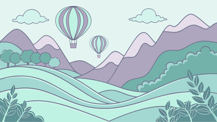 A serene landscape illustration featuring rolling hills, majestic mountains, and hot air balloons floating in a pastelcolored sky with fluffy clouds