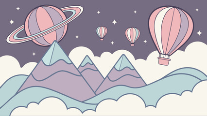 A whimsical scene unfolds with pastelcolored hot air balloons floating above snowcapped mountains under a starry sky, featuring a ringed planet