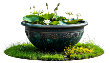 A decorative, ornate teal pot holds water lilies amid greenery and grass, isolated on black