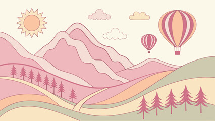 A serene landscape featuring rolling hills, hot air balloons, and a radiant sun, creating a peaceful and whimsical atmosphere in pastel shades
