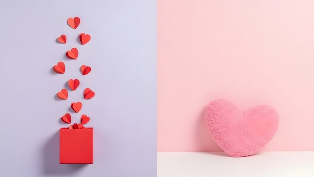 Valentine s day gift with red hearts floating out of a gift bag on pastel background