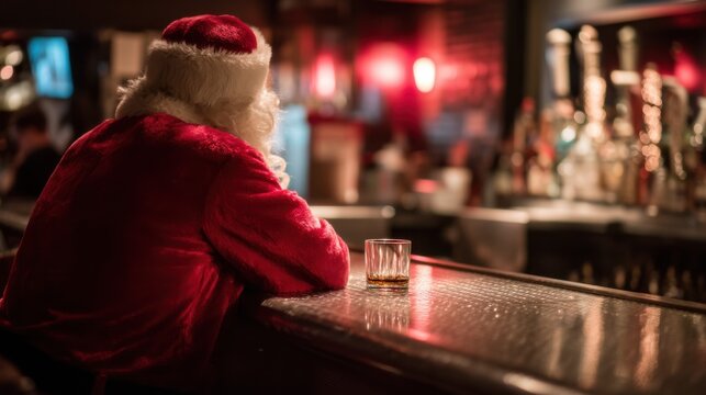 Santa Clause Sitting at Bar with Glass of Drink