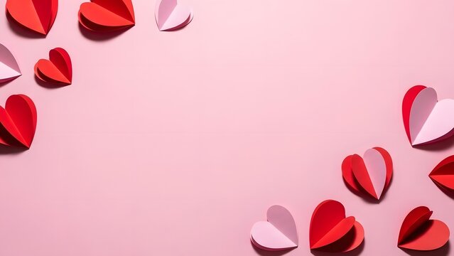 Romantic valentine s day background with red and pink paper hearts bordering a light pink backdrop