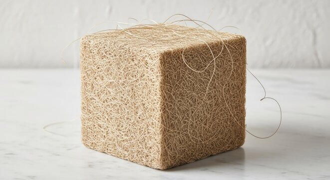 Geometric Chaos: A Textured Cube of Interwoven Natural Fibers on a Minimalist Marble Background. - Powered by Adobe