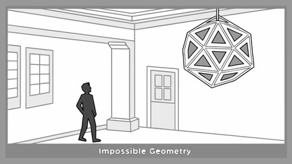 A man gazes up at an impossible geometric shape suspended in a room, creating an optical illusion of depth and defying spatial logic