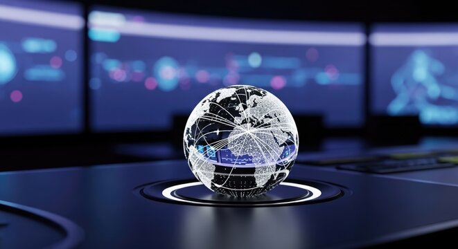 Illuminated Globe with Network Lines on Futuristic Control Panel Background