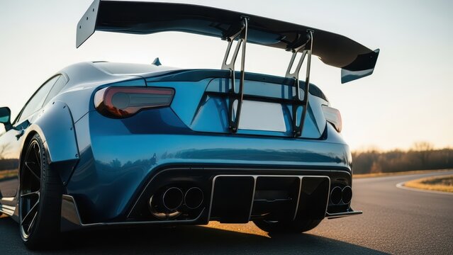 Blue sports car with rear spoiler on highway at sunset