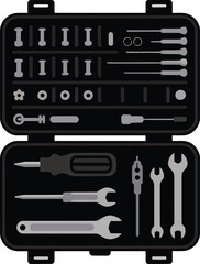 Mechanic toolkit vector illustration with various instruments in open black case repair service equipment