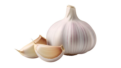 A fresh garlic bulb with two cloves, a highly detailed and realistic culinary ingredient, isolated on transparent background