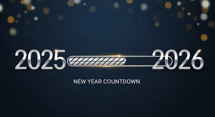 Image of metallic numbers 2025 and 2026 separated by loading bar, symbolizing anticipation, countdown, transition and upcoming year on dark background