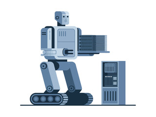 A robotic arm is installing a computer server into a rack.