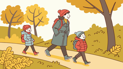 A mother and her two children are walking along a path in the autumn, surrounded by trees with yellow leaves on a bright and sunny day