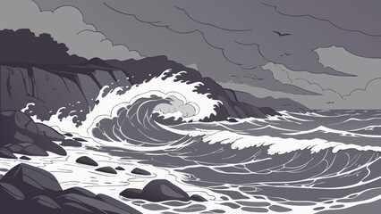 A grayscale illustration depicts a powerful wave crashing against a rocky coastline under a cloudy sky, creating a dramatic and dynamic scene