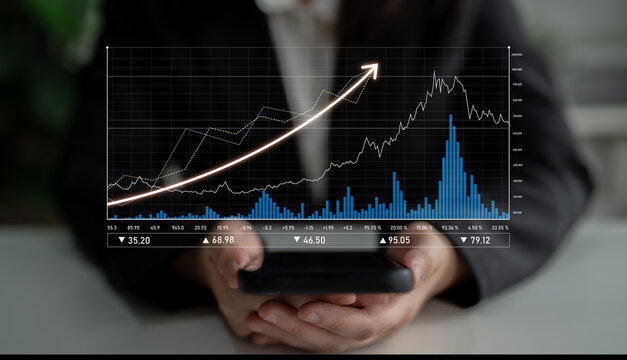 A business professional is analyzing financial data trends on a smartphone, showcasing upward growth in the stock market through detailed analytics and reports. Scalp