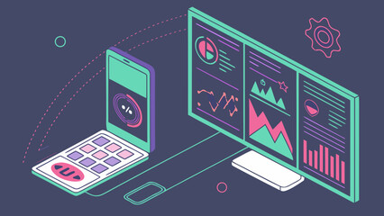 Isometric illustration showcasing data analysis on a laptop connected to a large monitor displaying charts and graphs for business insights