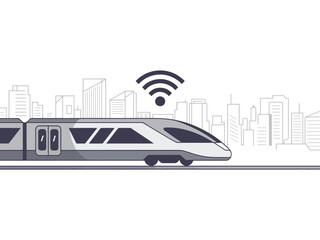 A modern high-speed train travels through a futuristic city with a Wi-Fi signal overhead.