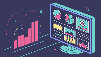 A monitor displays data visualizations, including bar graphs, pie charts, and line graphs, representing trends and insights in a modern design