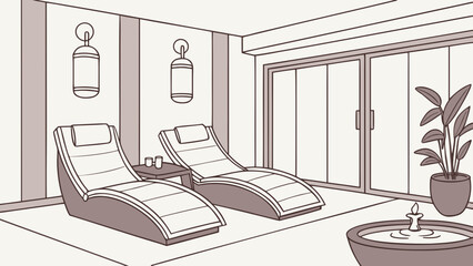 A serene spa retreat featuring two lounge chairs, a small table, wallmounted lamps, sliding doors, a potted plant, and a decorative fountain indoors