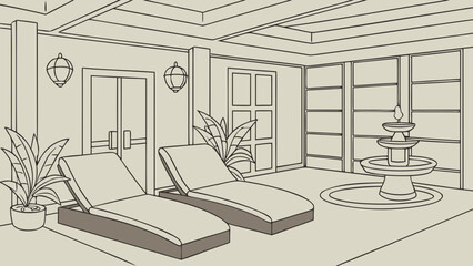 A serene spa retreat featuring two lounge chairs, lush plants, and a tranquil fountain, creating a relaxing atmosphere for rejuvenation and wellness