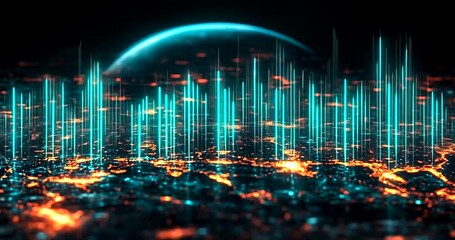 Futuristic global network with glowing data lines and city lights on a dark background 4k video - Powered by Adobe