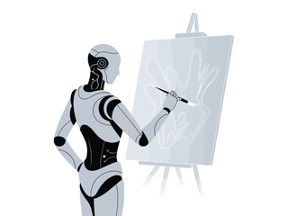 A robot artist uses a brush to paint on a canvas at an easel.