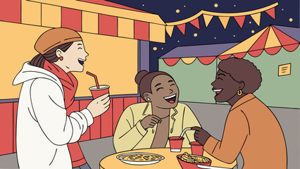 Three friends enjoy a night out at a local fair, sharing food and laughter under the festive lights, creating a warm and joyful atmosphere