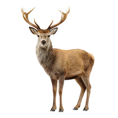 Fototapeta premium Majestic red deer stag with large antlers standing proudly isolated on transparent background