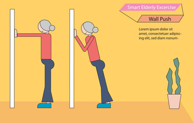 Elderly people exercise by standing and pushing against the wall to strengthen their arm muscles.