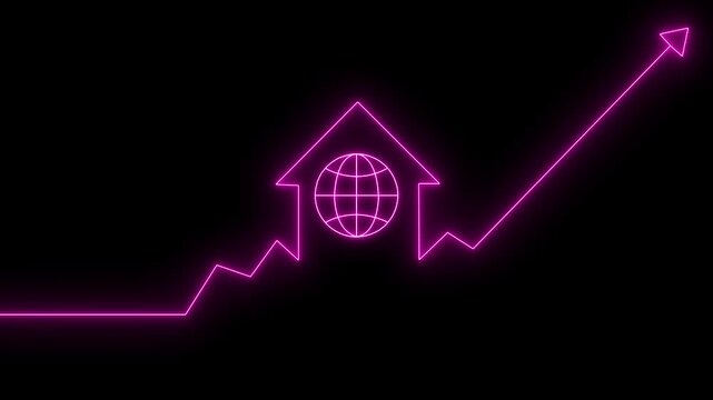 Home icon house sign neon lights animation with up arrow earth globe icon. Neon House, home building animation. Neon home business graph icon animation. Globe symbol icon animation. 4k video