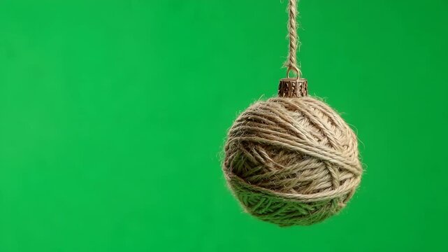 Twine ball christmas ornament hanging against a bright green screen background
