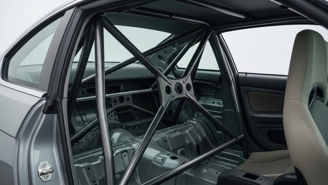 Interior roll cage of silver racing car with safety features