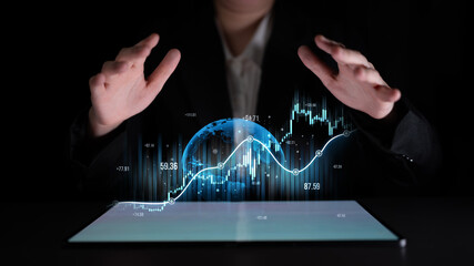 A business professional interacts with state-of-the-art technology to visualize global market trends, showcasing dynamic data insights and projections in a modern setting. Scalp