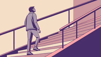 A man in a jacket ascends a staircase, his gaze fixed upwards, symbolizing ambition and progress towards a brighter future or a challenging goal