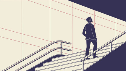 A man in a suit ascends a staircase with a gridpatterned wall, symbolizing ambition and progress in a stylized, modern illustration