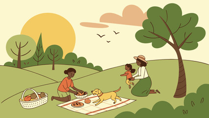 A family enjoys a picnic on a sunny day in a lush green park, with rolling hills, trees, and a bright sun in the sky, creating a serene atmosphere