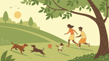 A family enjoys a sunny day in the park, running and playing with their two dogs as a child chases a ball, all under the shade of a large tree