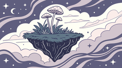 A whimsical floating island with mushrooms and grass, surrounded by swirling clouds, stars, and a crescent moon in a dreamy, stylized illustration