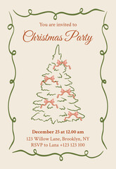 Retro Christmas Party Invitation Template in coquette style. Vintage vector card with a Christmas tree and ribbon bows in a doodle style. Bow ribbon frame.