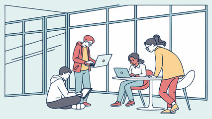 A group of diverse young professionals collaborate in a modern office space, working on laptops and tablets, brainstorming ideas and sharing insights