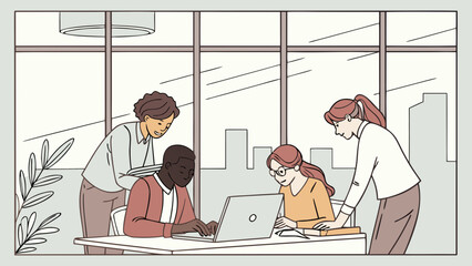 A collaborative team working on a laptop in an office setting, with city skyline visible through the window, fostering teamwork and innovation