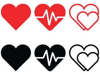 A collection of heart icons, some with electrocardiogram lines, representing love and health.