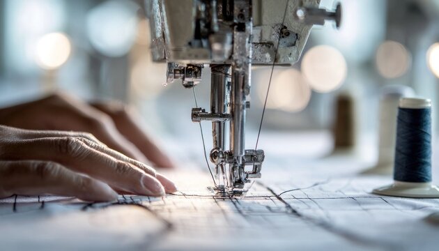Designer's hands guiding fabric through sewing machine, focusing on intricate stitching details, showcasing the art of garment creation and craftsmanship - Powered by Adobe