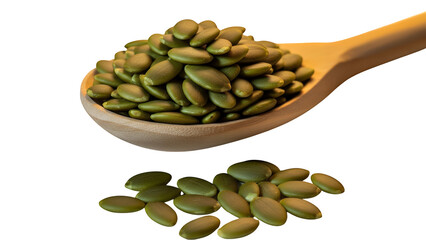 A wooden spoon full of vibrant green pumpkin seeds, with a small pile spilled beside it, all isolated on transparent background