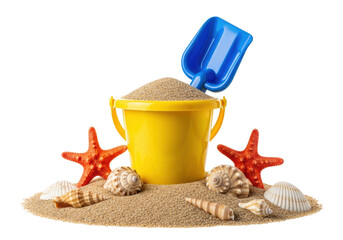 close-up of bright yellow plastic bucket, blue spade, toy starfish, and genuine shells on a sand mound, isolated on high-key white studio background for copy space. commercial summer play concept