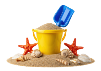 close-up of bright yellow plastic bucket, blue spade, toy starfish, and genuine shells on a sand mound, isolated on high-key white studio background for copy space. commercial summer play concept